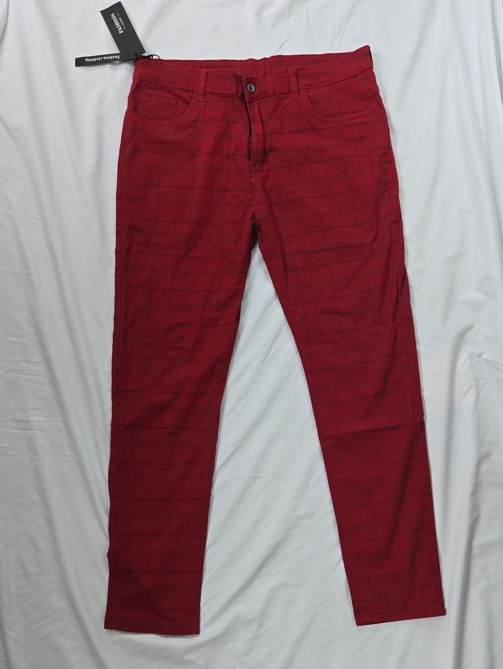 Men's Red Plaid Pants, Plaid Lines Black And Some Blue